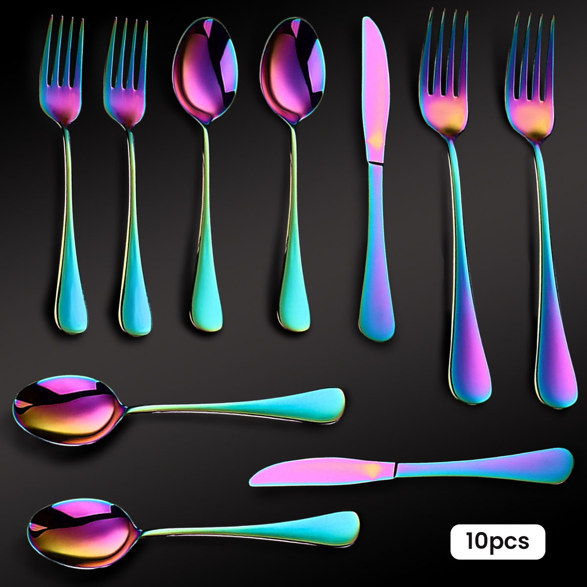 TEMU 10pcs Rainbow Silverware Stainless Tableware Set Mirror Polished Tableware Set Spoon And Fork Set, Cutlery Sets, Dining Essentials, Kitchen
