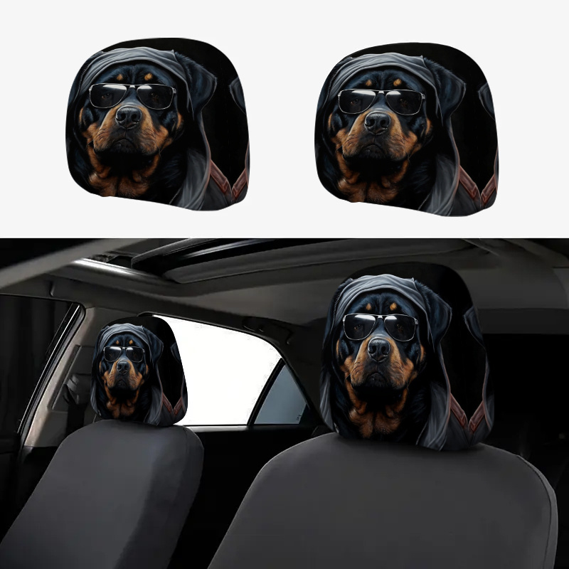 TEMU 2pcs Of 2d Flat Car Headrest Covers, Glasses Silver Chain Trendy Cool Rottweiler Printed Seat Cover Additions, Car Seat Protectors, Suitable For