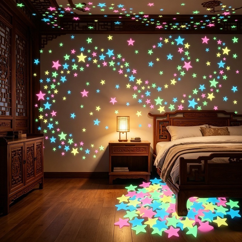 Image of 310pcs Of --dark Wall Stickers- Mixed Colors| 1.18inch Reusable Fluorescent Self-adhesive Stickers, Soft-colored Plastic Stars, Suitable Home Decoration In Bedrooms, Living Rooms, And Offices