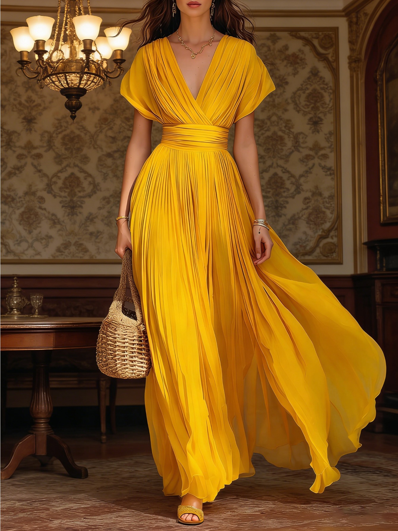 fitted lace wedding dress Women's One to Remember Yellow Tropical Print Linen Blend Maxi Dress | Size: S main image 0