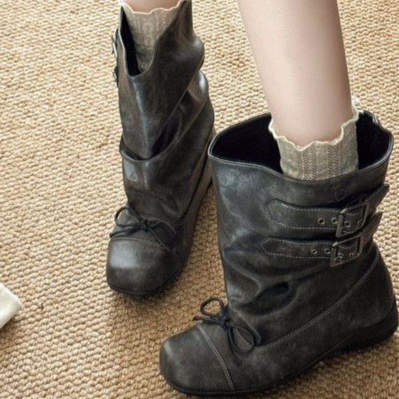 Image of Women' Casual Square-toe Bow Short Boots For , Walking And Shopping, Retro Style Boots, Women Shoes