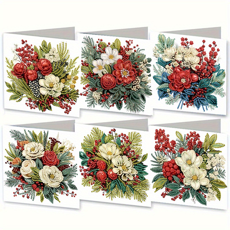 TEMU Een set van 6 uniek gevormde diamant schilderij wenskaarten met rode fruitbloemen, veelkleurige kaarten met bloemmotieven om je wensen aan
