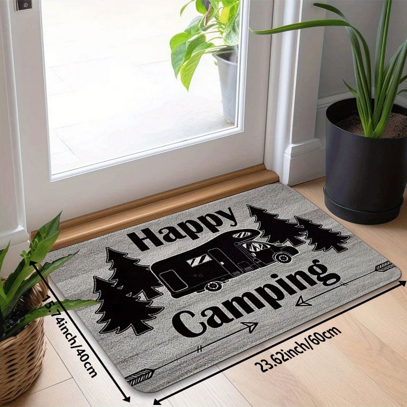 E-shop Eine fröhliche Camping-Welcome-Matte mit einem Design von einem und Kiefern, zum Dekorieren von Familienveranden, und Wohnmobilplätzen - ein