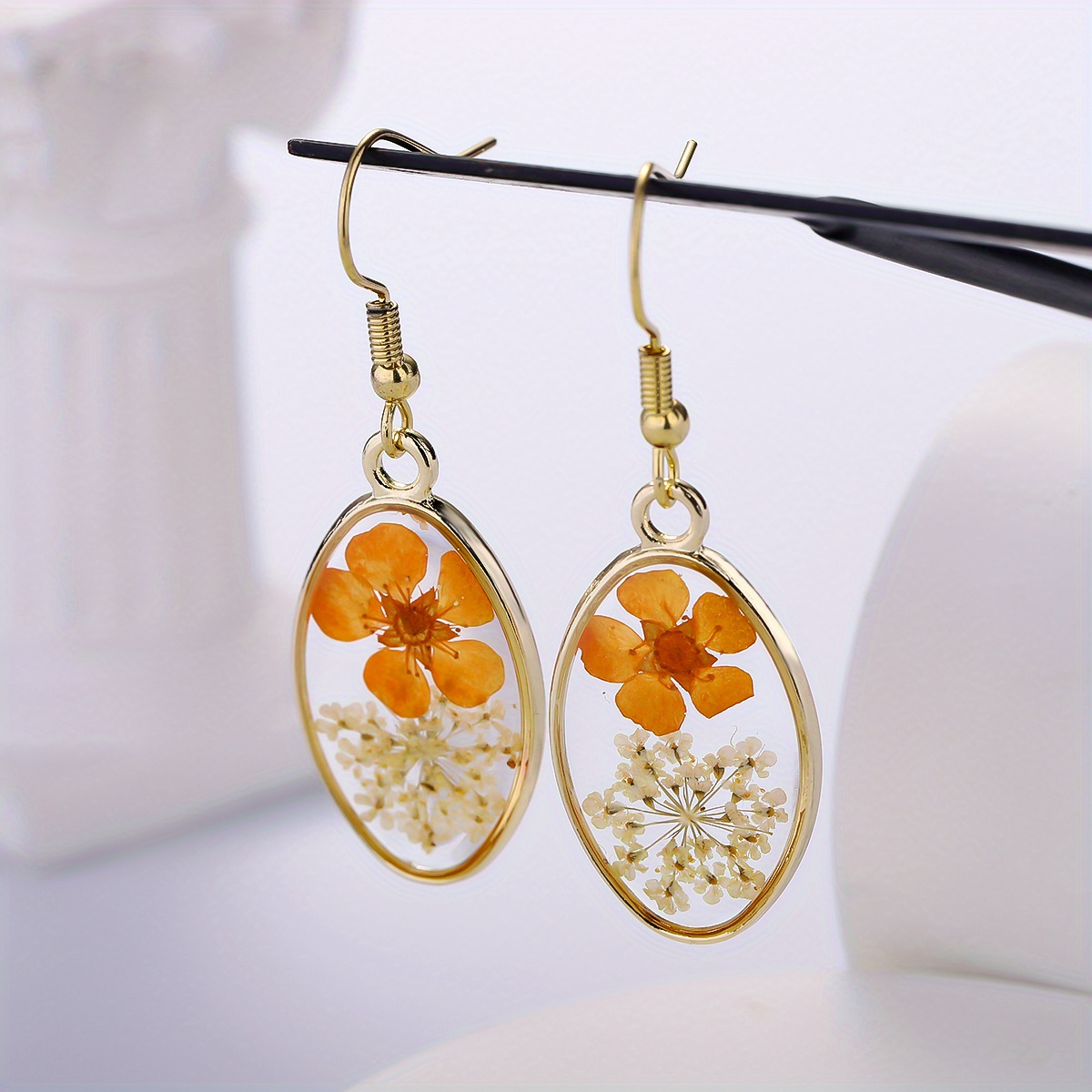 Image of 1 Pair Bohemian Yellow Blooming Floral Earrings, Handmade Pressed Real Flower Drops For Beach Wedding, 2025 Summer Bride Vacation Jewelry Valentine Gift, Hypoallergenic Hooks