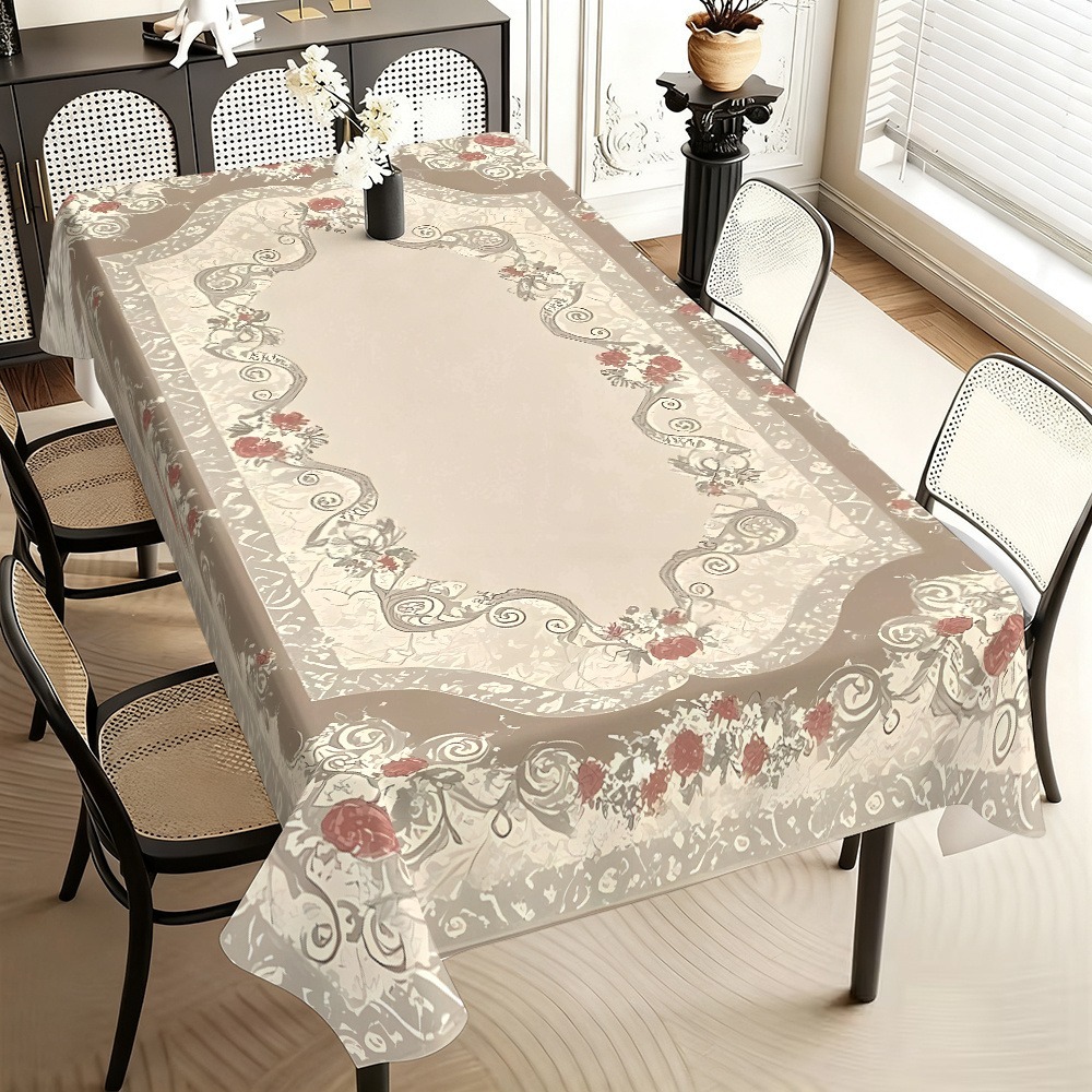TEMU 1pc Of Rectangular Tablecloth With A Vintage Floral Border Pattern, Primarily In Beige With Red Flowers. This Versatile Table Cover Is Suitable