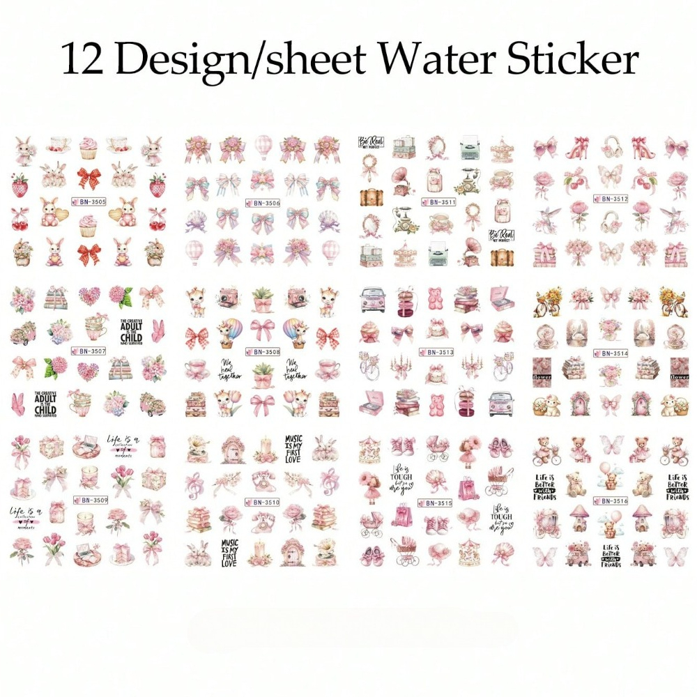 Image of 1sheet(12styles Pink Cartoon Bow Nail Stickers, Cute And Sweet Bow Bear Rabbit Romantic Design Kawaii Water Transfer Sticker Slider Nail Decoration Nail Supplies