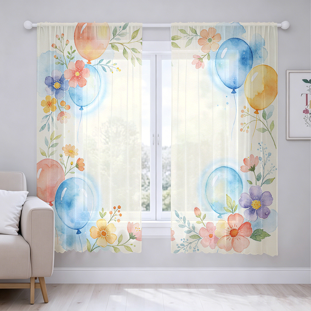 item picture 2pcs set watercolor balloon floral printed translucent sheer curtains light beige background with watercolor balloons and foliage pattern suitable for   home window decor living room bedroom study door   filtering sunshade