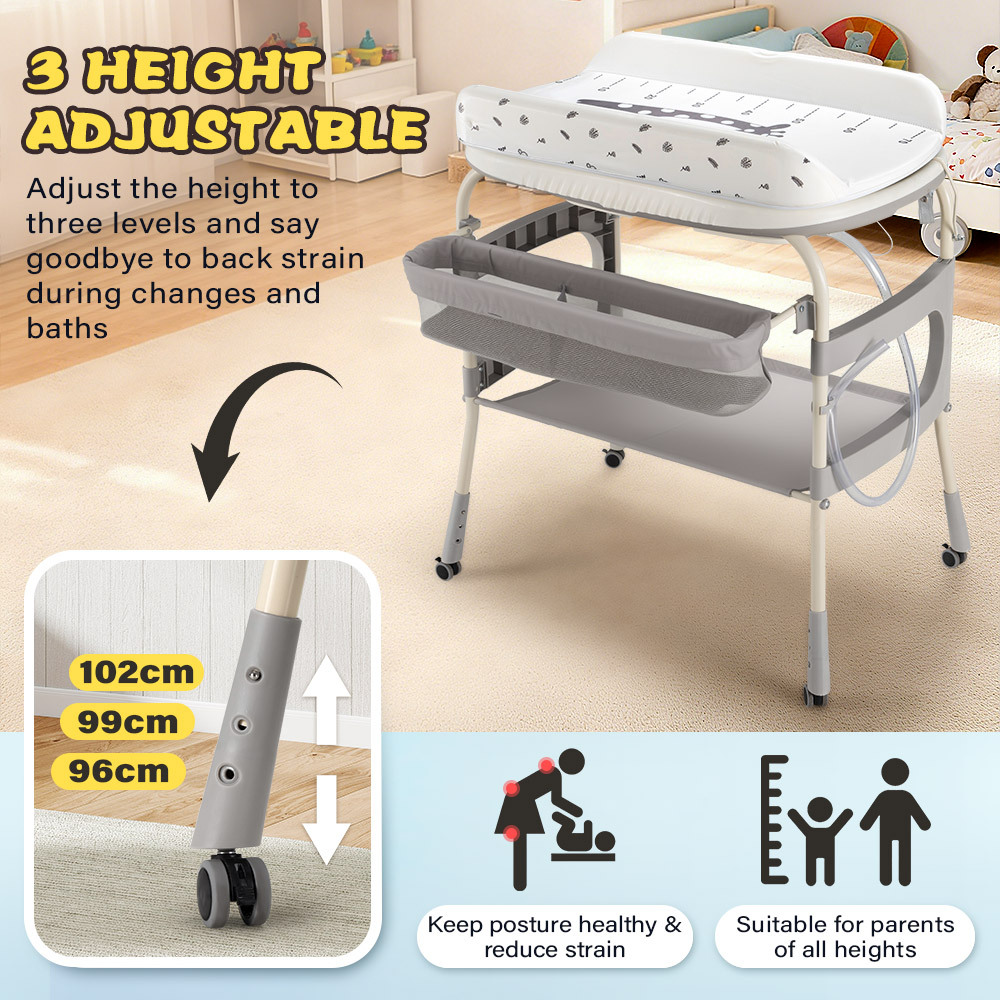 Foldable Baby Bathtub with Changing Table & Storage Shelf - Heavy-Duty Portable Bath Tub with Locking Wheels, Adjustable Height, Safety Harness & Diaper Changing Station, Space-Saving Design for Home, Travel, Nursery - Easy Assembly