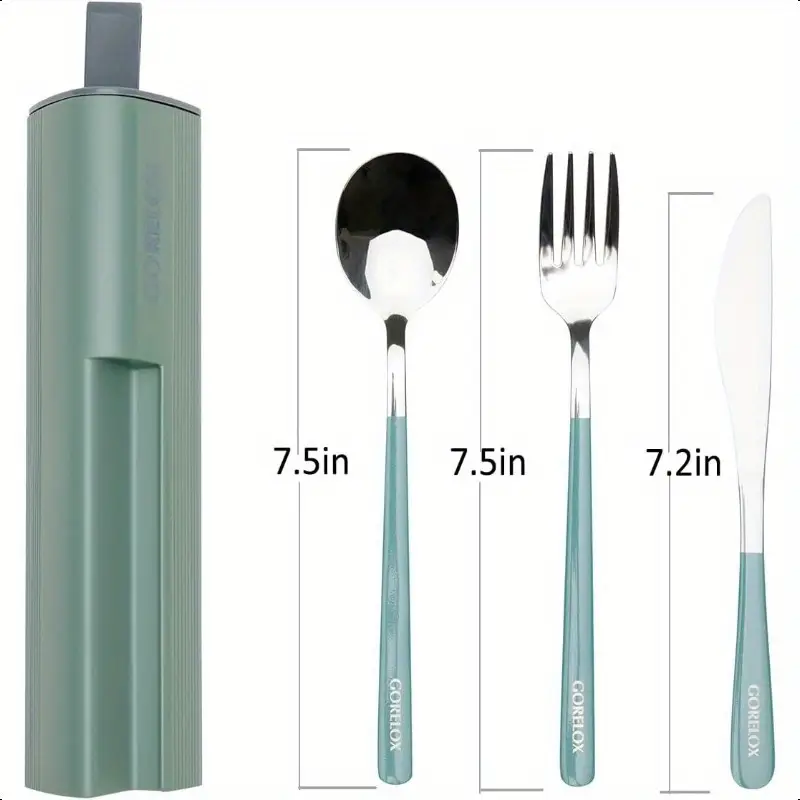 set of 4 travel utensils made of stainless steel, reusable cutlery, portable silverware lunch box suitable for camping and office, fork, spoon, knife, and case. Product details 2