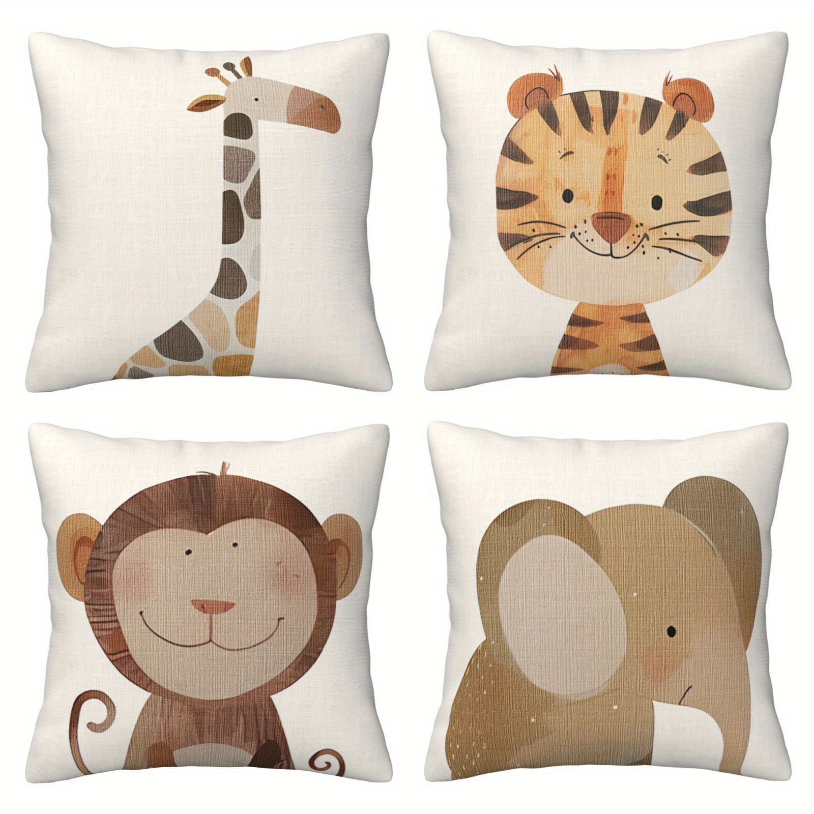 TEMU Set mit 4 modernen Kissenbezügen mit Aufdrucken von einem kleinen Elefanten, Affen, Giraffen und Tiger. Diese weichen und bequemen Kissenbezüge
