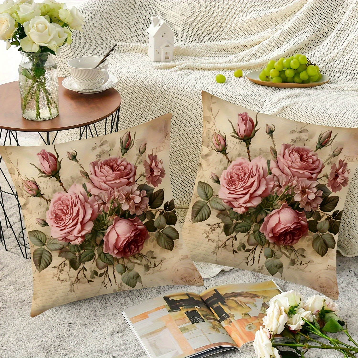 TEMU 2 Pezzi Fodere Cuscini Vintage Estate, Stampa Monofacciale, Motivo Rosa Vintage, Decorazione per Mobili da Esterno e Divani, Lavabile in