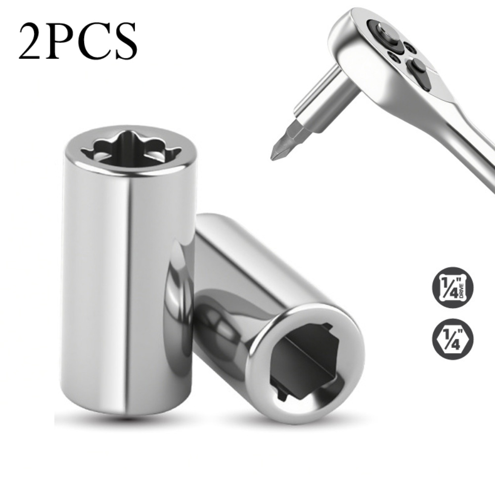 2pcs Socket Bit Adapter Converter For Screwdriver And Drill Tools, Chrome Vanadium Steel Construction, 1/4in Square Drive To 1/4in Hex Socket Connection, Perfect For Mechanical And Diy Repairs On