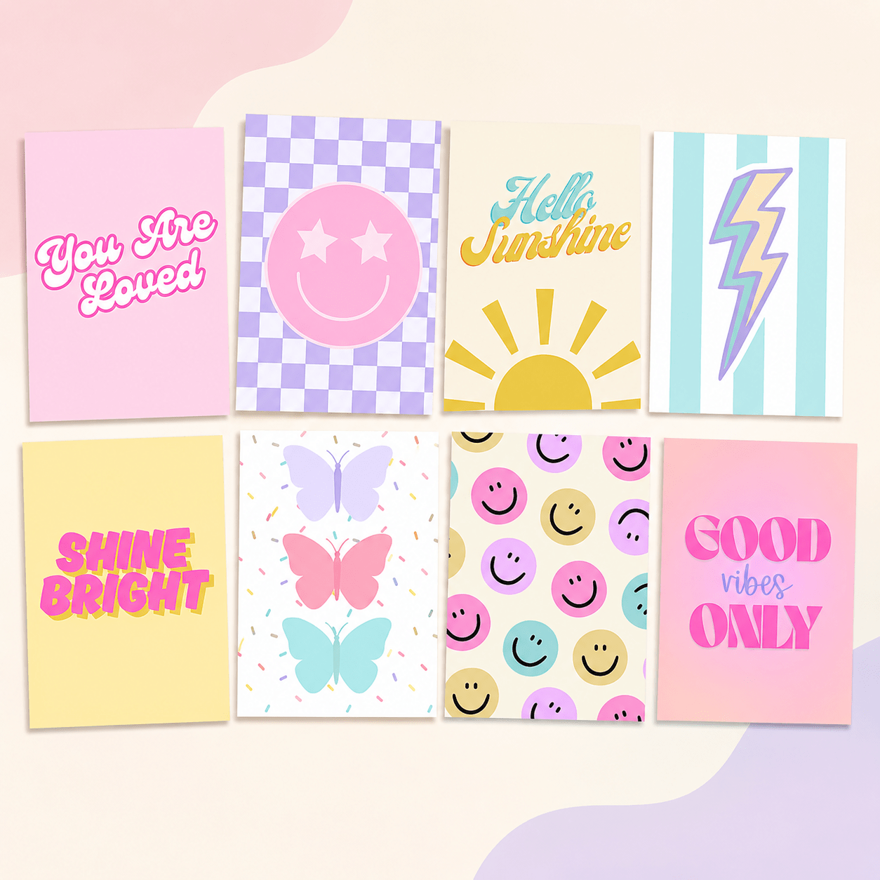 TEMU 2d Flat, 2d Flat, 2d Flat 8pcs Vintage Macaron Style Text Decorative Posters, High-quality Thick Art Paper 10x8 Inch Unframed, Trendy Happy Face
