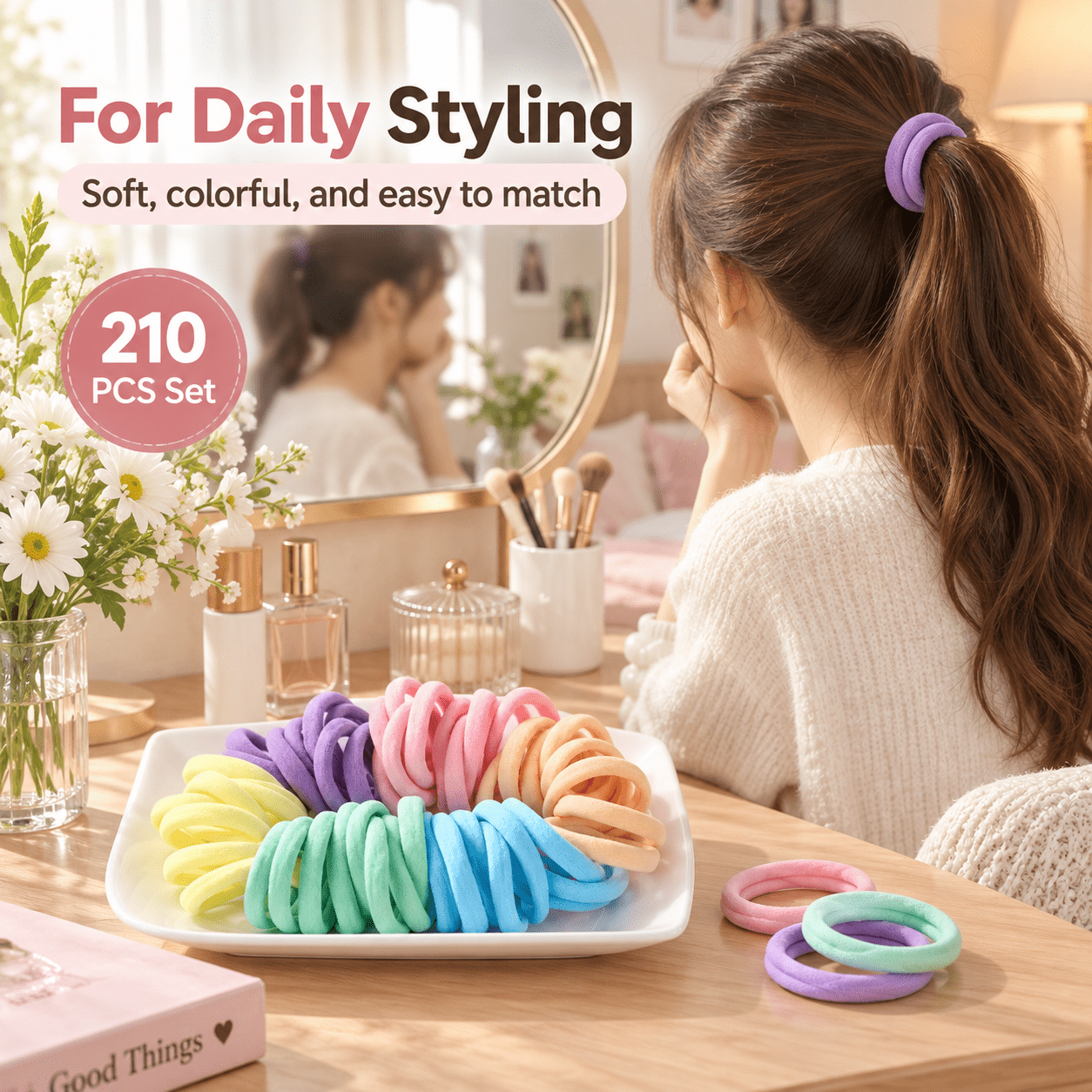 210pcs Random Colour Rainbow-Colored Elastic Hair Ties for Everyday Use