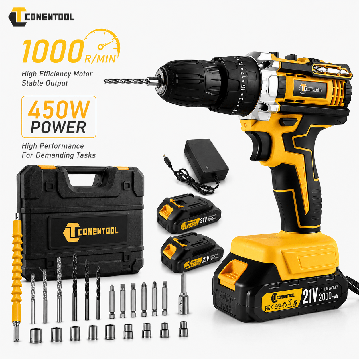 Image of Wireless Drill Set With 3/8" Keyless & Work Light, Tool Or Kit With 1/2" Drill + 24pcs Accessories, 2-in-1 Drill & Screwdriver For Home/diy/industrial Use