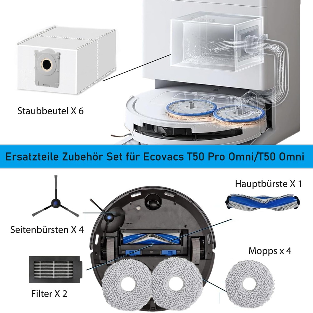 Image of Additions For Robot Vacuum Cleaners | Cleaning Tools For T50 Omni/t50 Pro Omni/t50 | Includes 1 Main Brush, 6 Dust Bags, 4 Mop Pads, 4 Filters, 4 Side Brushes, And 1 Cleaning Tool