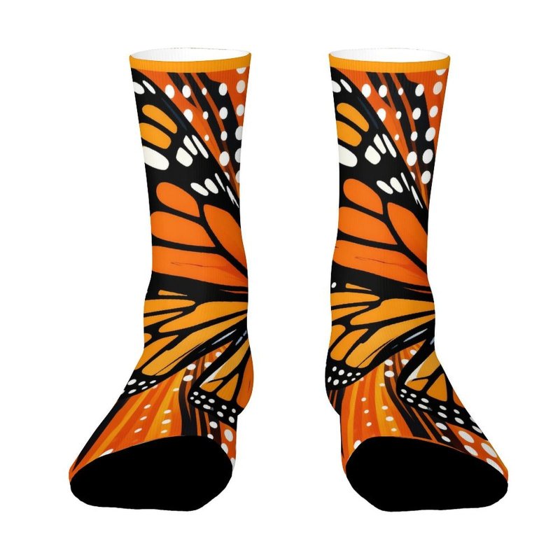 TEMU 1 Pair Unisex Outdoor Socks, Wing Pattern Orange Black With White Dots Printed Mid-calf Socks, Suitable For , Comfortable And Breathable,