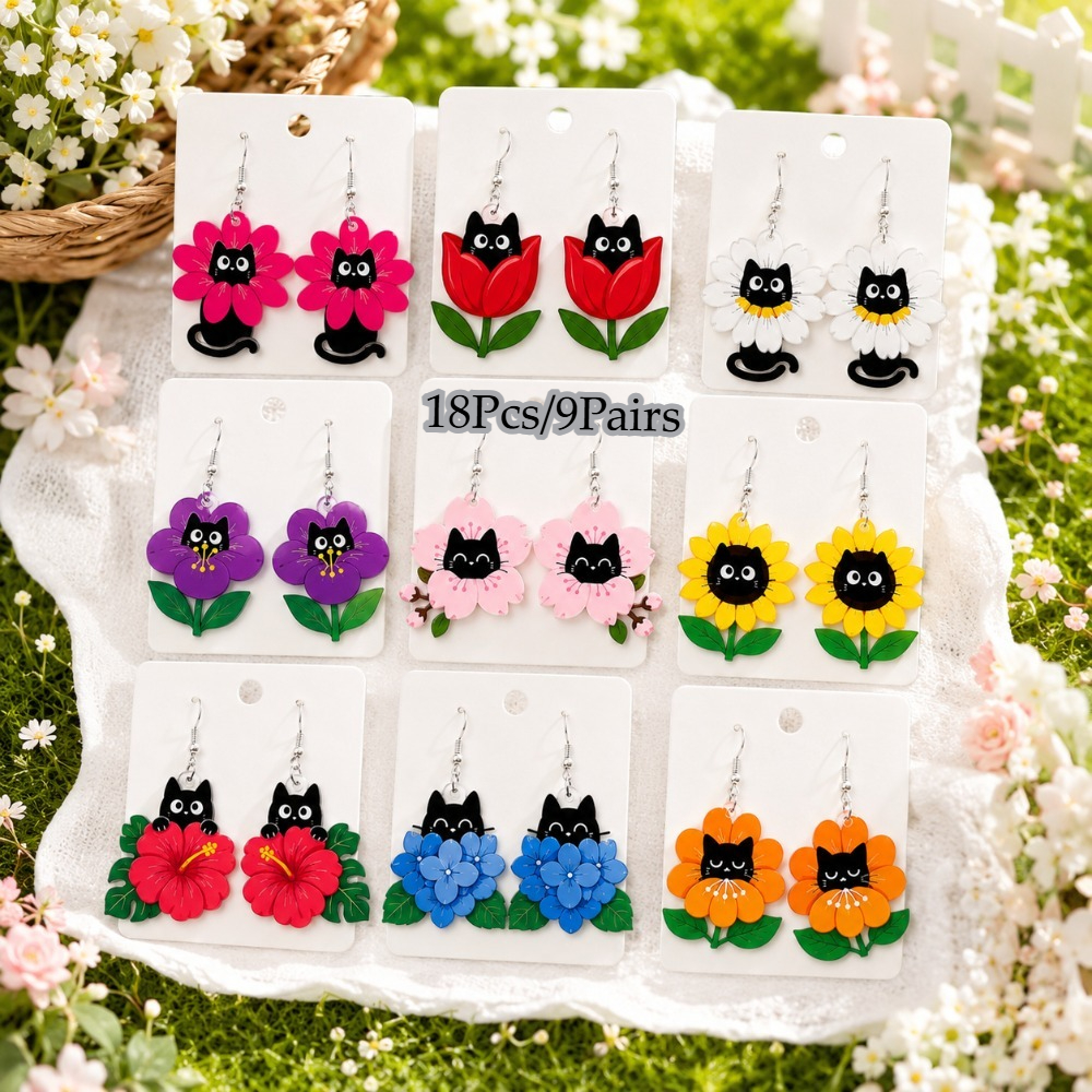 TEMU 18pcs/9-pair Cute Black Cat Floral Acrylic Drop Earrings For Women, Unique Cartoon Kitten And Stud Earrings, Versatile Accessories Suitable For