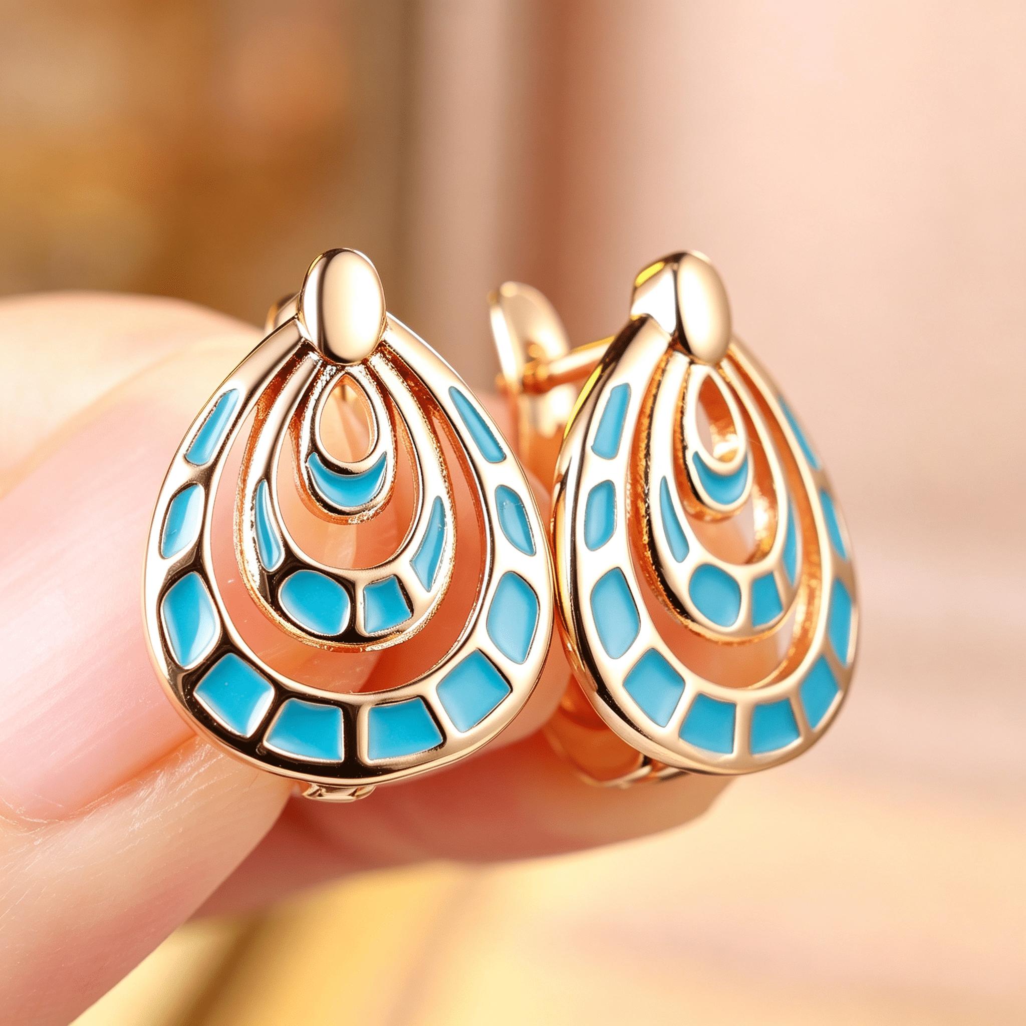 Golden Multi-Layer Water Drop Hollow Synthetic Turquoise Ear Studs