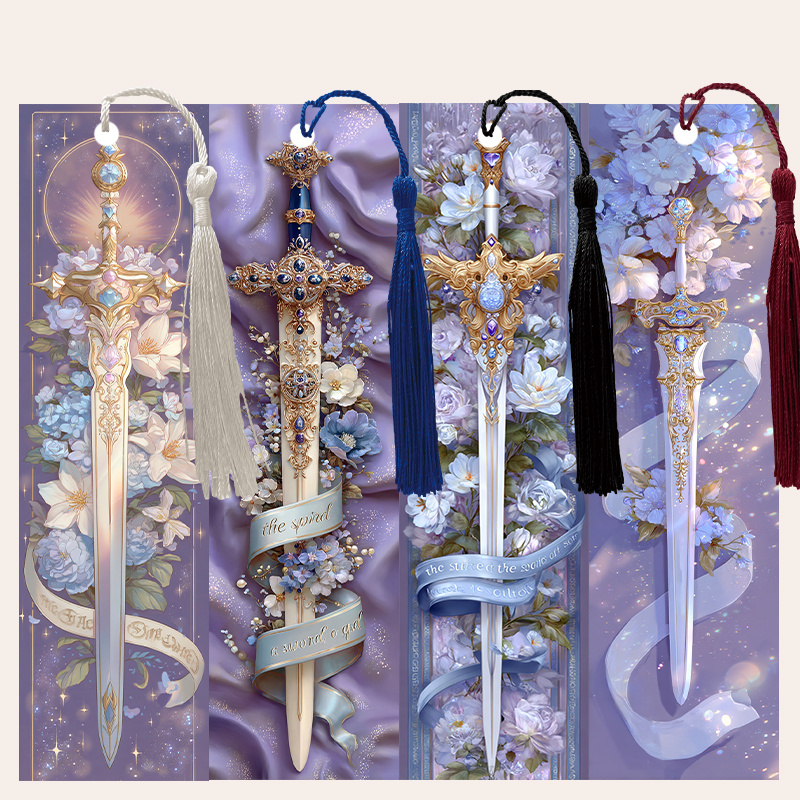 TEMU 4pcs Flowers And Holy Sword Theme Tassel Faux Leather Bookmarks, 15cm (5.9in) X 4cm (1.57in) Book Lovers Bookmarks, Men Women Bulk Bookmarks,