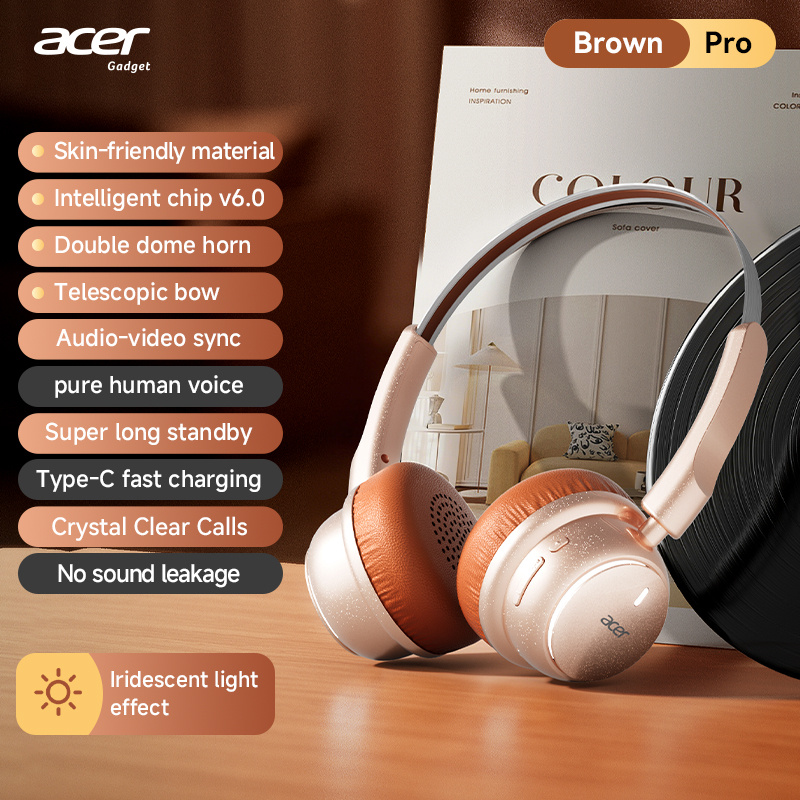 Image of Genuine Acer Ohr645 Vintage Premium Over-ear Headphones, Bluetooth 6.0, Anti Sound Leakage, Surround Audio, Rgb Light Effects, Retractable Headband, Fashion Hifi Bluetooth Headset For & Daily Matching