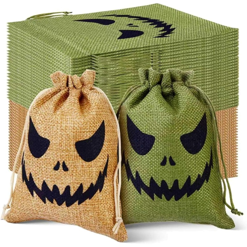 Image of Halloween Candy Bags 12-pack Cotton Fabric Pumpkin Face Print Drawstring Reusable Storage Bags Holiday Gift Ideal For Candy Storage Suitable For Halloween Parties Adults And Portable Halloween Style
