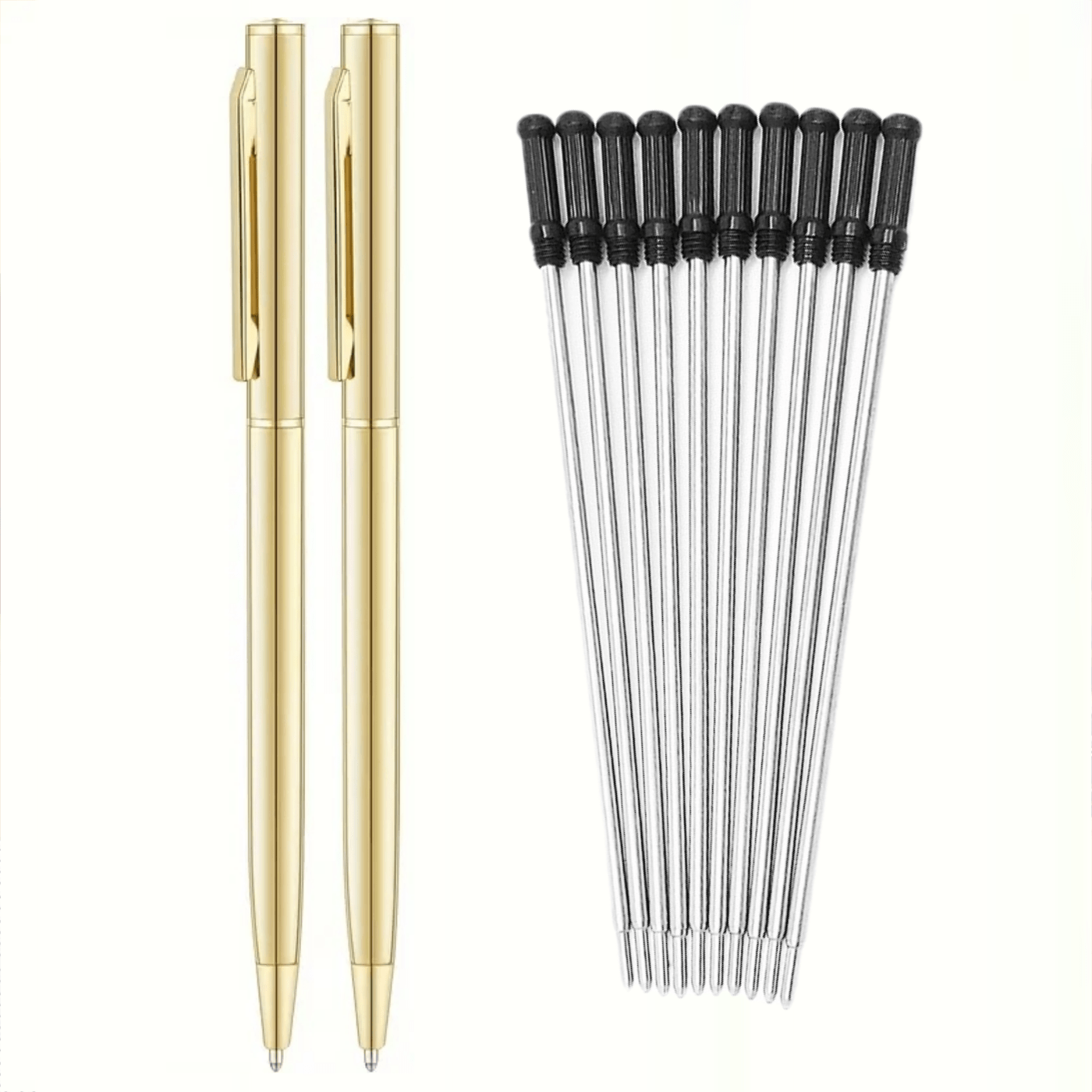 Image of 12pcs Set: 2 Pens + 10 Refills, Elegant Golden Ballpoint Pen Set, Medium Nib, Black Ink Ballpoint Pen, Smooth Writing, Ideal For Note-taking And Writing, And School Supplies