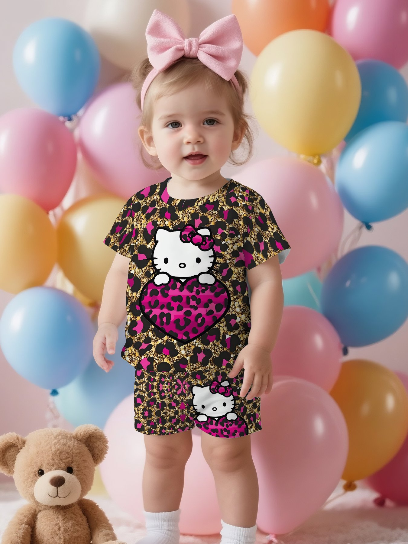   fashionable kitty cat girl fan with       short sleeved pullover shirt and sports shorts set suitable clothing gift for children made of comfortable fabric suitable for summer casual sports