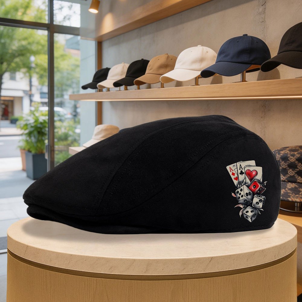 TEMU Stylish Plain Newsboy Cap For Men, Trendy Hat In Solid Colors, Featuring A Design With Playing Cards And Dice, Suitable For Spring And Autumn.