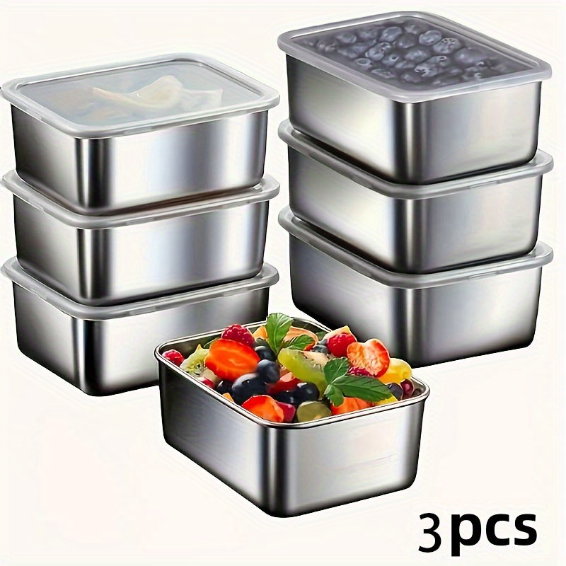 Image of 3pcs Stainless Steel Food Storage Containers With Lids, Leak-proof And Stackable, Suitable For Outdoor Camping, Family Gatherings, Office, And School