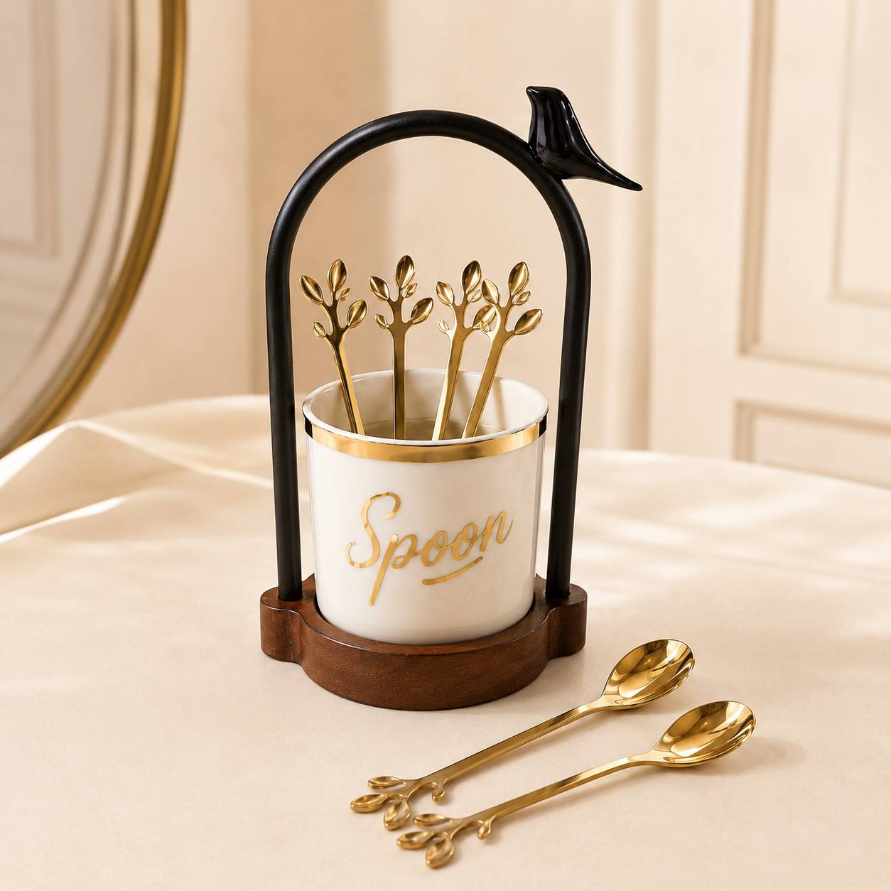 TEMU 1 Set (1 Rack + 1 Cup + 6 Spoons) Elegant Dessert Spoon Holder Set, Decorative Utensil Organizer With For Dessert Table, Wedding, Party, & Home