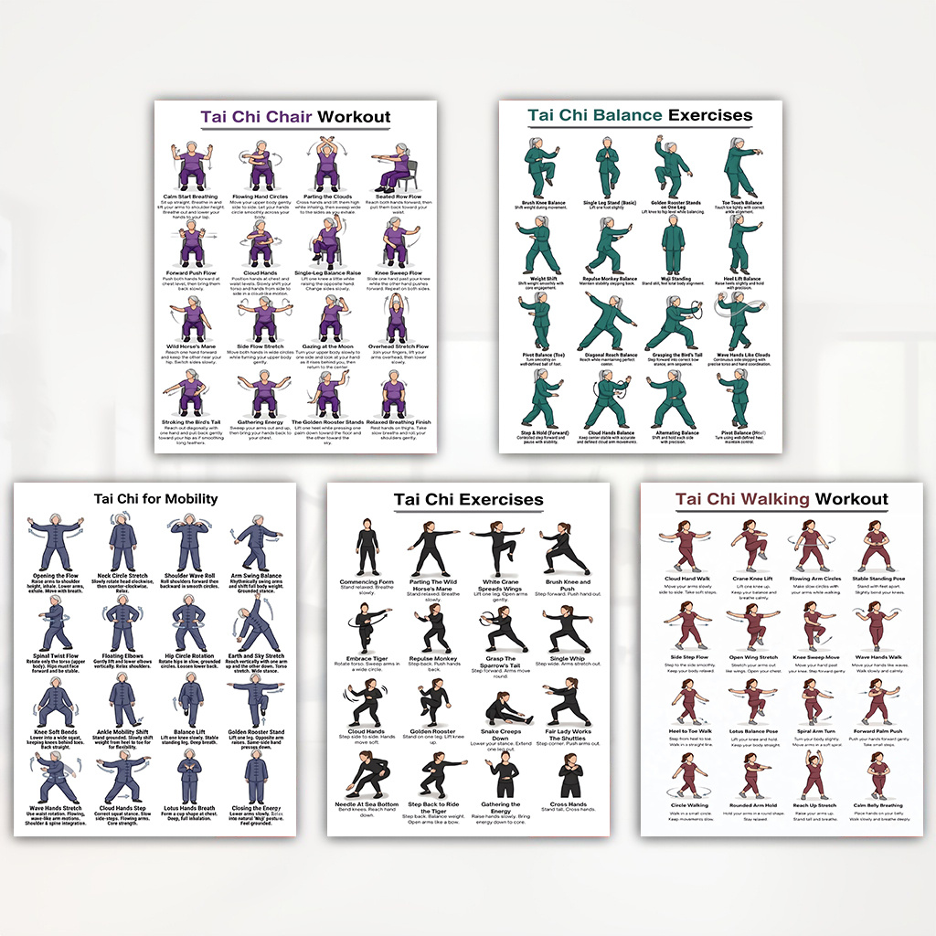 TEMU Set de 5 pósteres de ejercicios de Tai Chi, tabla de entrenamiento de y movilidad, guía de Tai Chi en silla y para caminar, decoración de pared