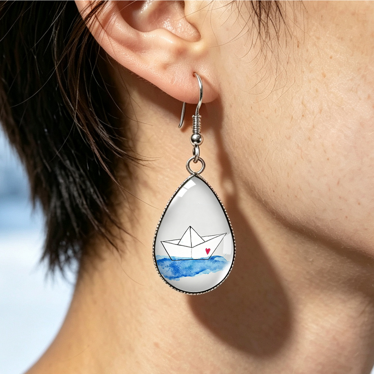 Water Droplet Pendant Stainless Steel Earrings, Fresh Ocean Style