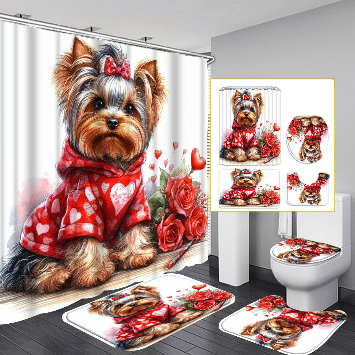 

Yorkie- Bath Set Polyester Curtain, Mat, & U-shaped Rug - Decor , - For Christmas & Universal