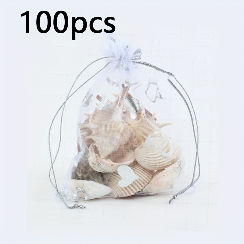 TEMU 100pcs Transparent Organza Drawstring Gift Bags With Heart Print - Suitable For Wedding Favors, Party Decorations, Jewelry & Candy, Small