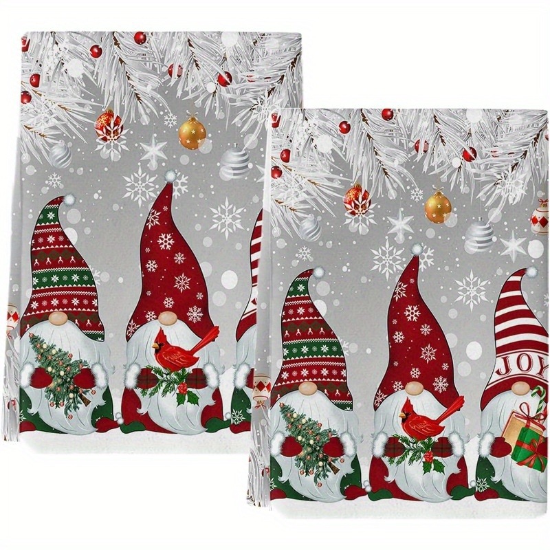 TEMU 2pcs Christmas Kitchen Towels Soft Dishcloth Cartoon Red Dwarf And Bird Pattern Drying And Cleaning Hand Towels Machine Washable Rectangular Tea