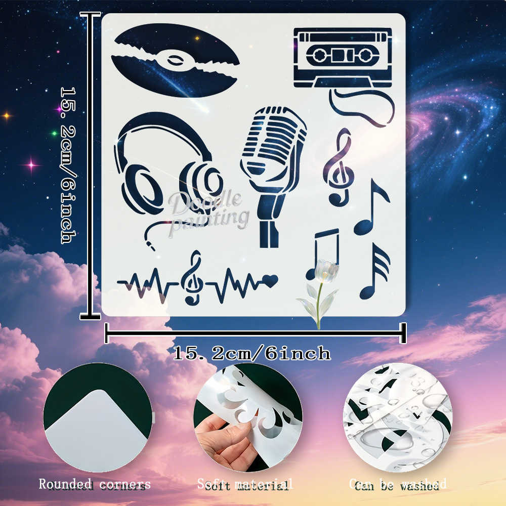 Music And Painting Template - Note, Microphone, Tape, Cd, Headphone Pattern Template - Retro Digital - Mixing - Headphone Microphone Note - Reusable Plastic Template, Suitable For Home Decoration