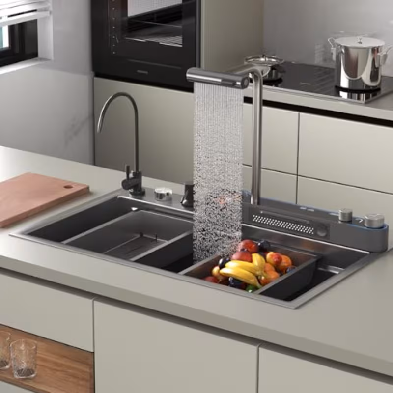 33x22x10in black smart kitchen sink ambient light multifunction waterfall kitchen sinks 8 gauge metal black stainless steel single bowl workstation sink with soap dispenser Product details 1