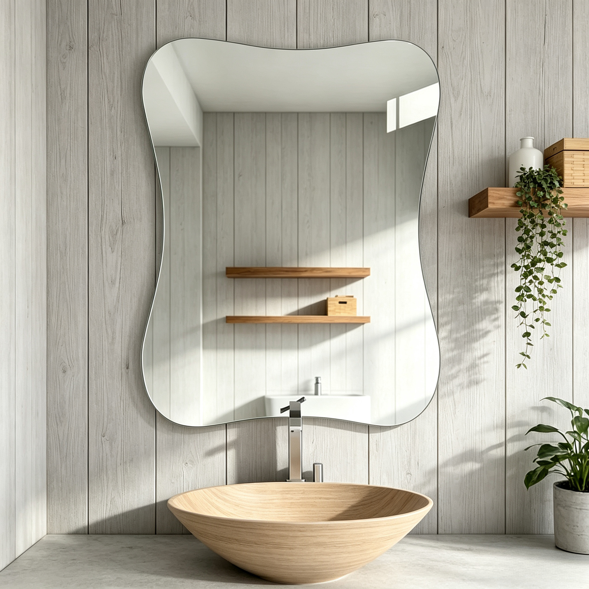 Acrylic Wall Mirror for Bathroom, Irregular Wave Frameless
