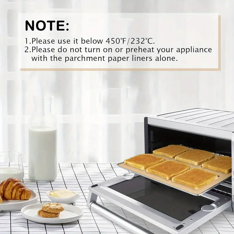 100pcs 11x9 inch disposable parchment paper with 2pcs reusable toast oven liners & grill mats set - , precut air fryer liners for oven & grill, baking, frying, and grilling, kitchen essentials|reusable liners|nonstick surface, oven liners for baking Product details 4