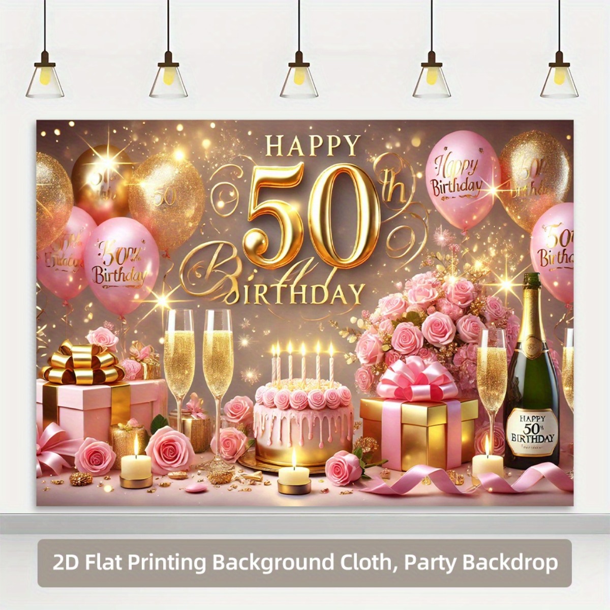 photo de l'article toile de fond imprimée 2d plate - 1pc,   pour   un 50e anniversaire, en polyester.   pour les fêtes, les décors photo, les présentoirs commerciaux, les événements en extérieur et les décorations de jardin.