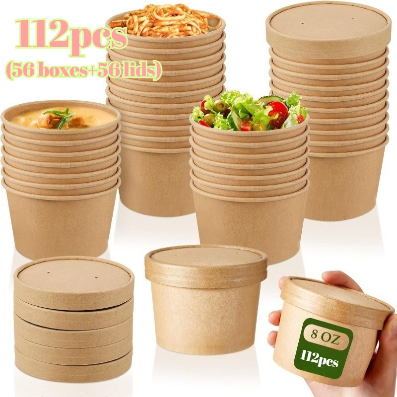 TEMU 112pcs (56 Boxes And 56 Lids) 8-ounce Covered Paper Soup Bowls, Microwave Food Container For Ice Cream And Yogurt Storage, Restaurant Takeaway