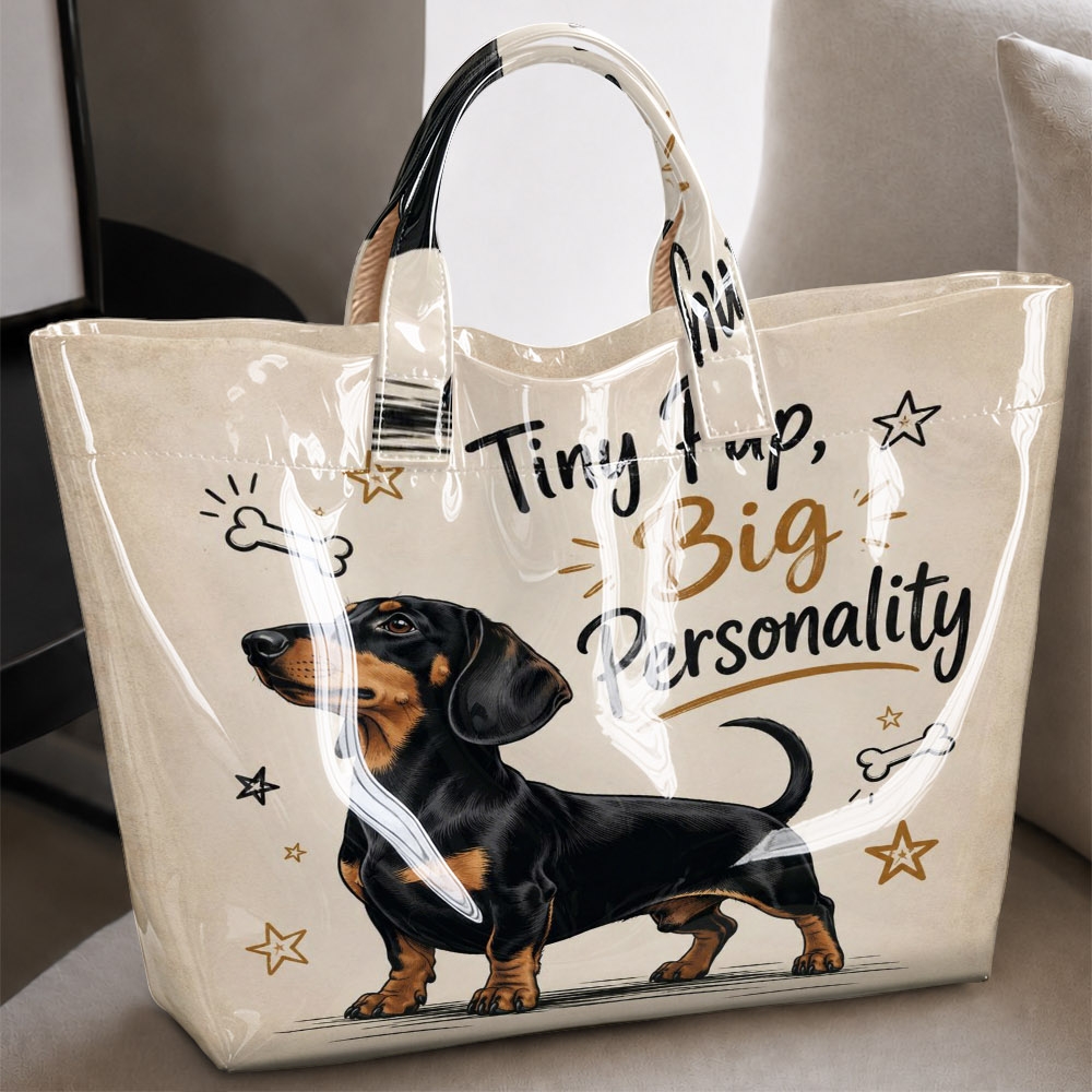 Image of Dachshund Fun Quote Print Glossy Pvc Tote Bag, Large Capacity Handheld Bag For Pet Lovers, Daily , Shopping And