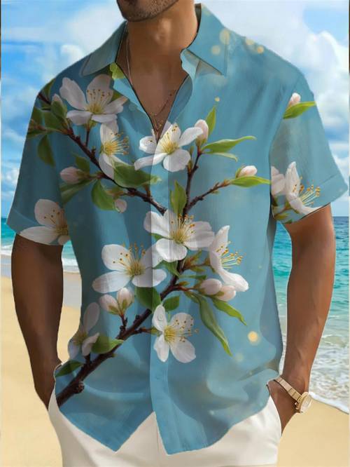 mens short sleeve button up shirt with floral print abstract background delicate motif casual loose fit for spring summer machine washable polyester ideal for outdoor leisure and weekend wear
