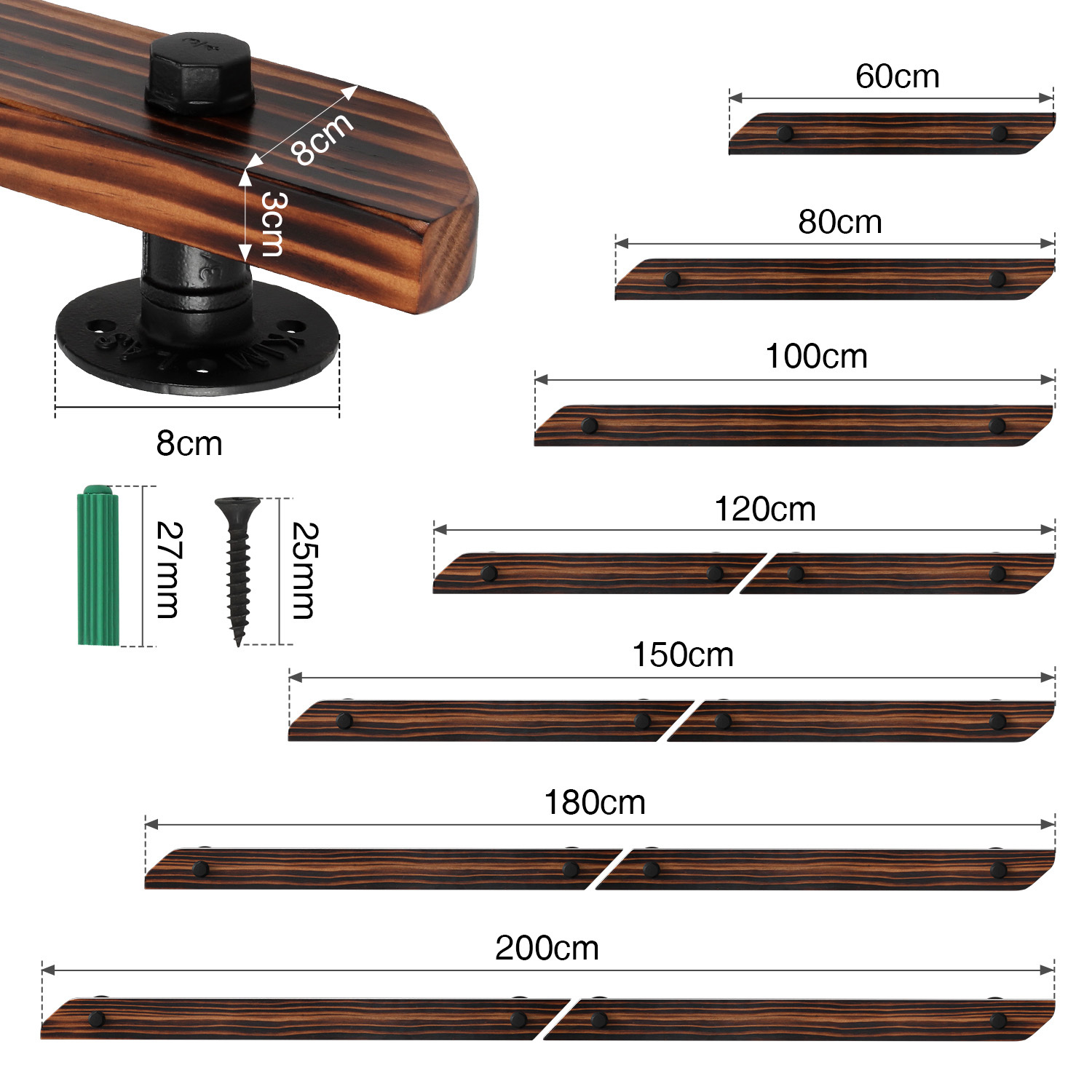 Handrail Wall Railing Wall-mounted Handrail 60-200cm Universal 42mm Diameter Indoor & Outdoor Stair Railing