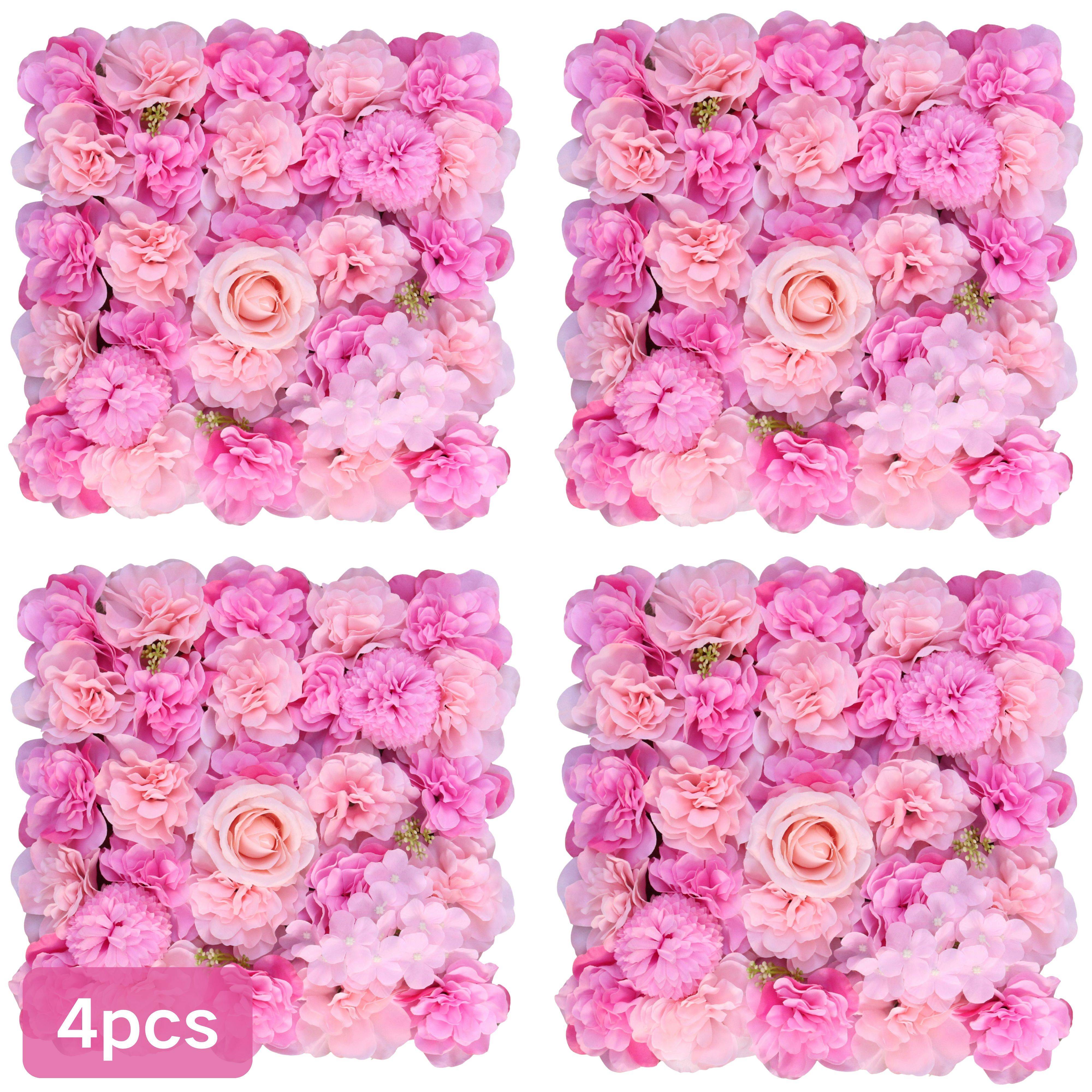 Image of 4pcs Double Pink 13.8x13.8 Inch Wedding Floral Wall Background, Elegant Background For Wedding, Party, Birthday Or Home Decor, Artificial Dahlia And Plastic Back Mesh To Decorate Lasting Background