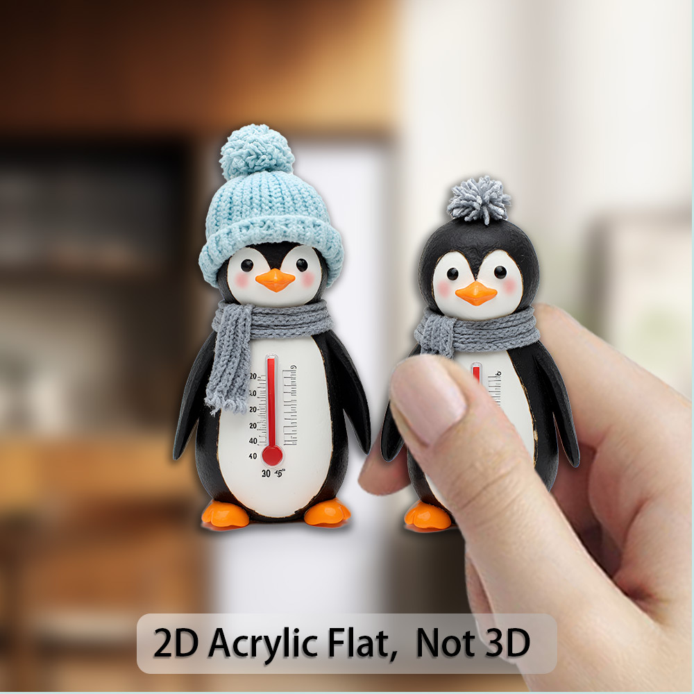 TEMU 2d Flat Cute Penguin Thermometer Set, Featuring 2d Flat Acrylic And Rubber Soft Magnet, 1pc. Designed With Knitted Hat And Scarf, With Vibrant