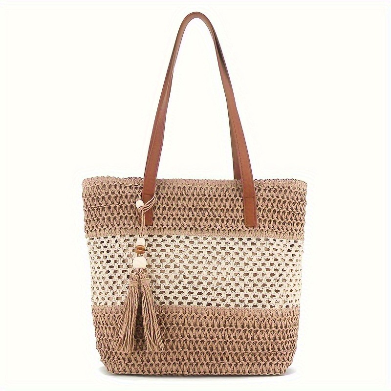 TEMU Women's Straw Tote Bag, Woven Beach Bag With Tassel, Large Capacity Shoulder Bag For Beach, Vacation, Travel, Shopping And Summer