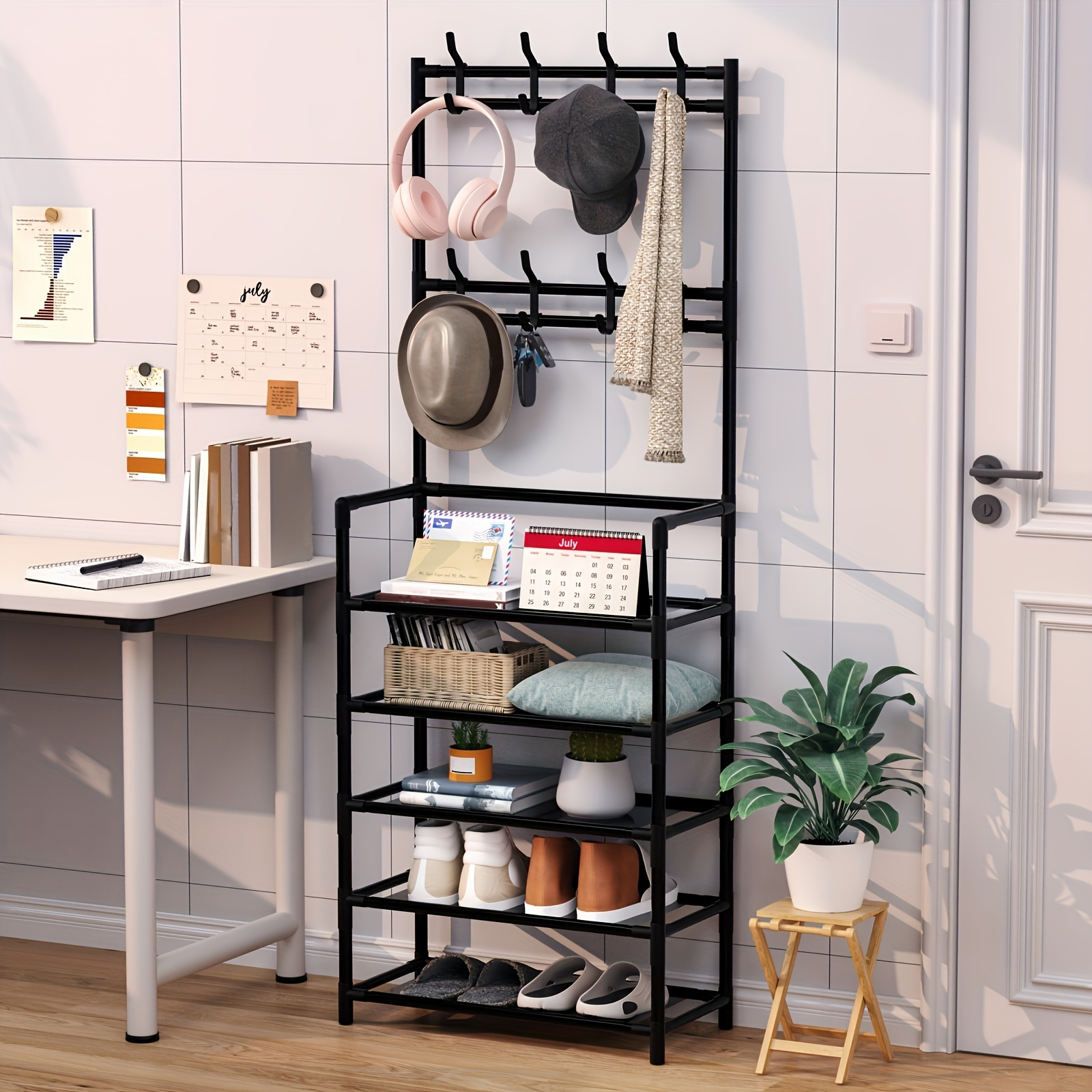 TEMU 1pc, 5-layer Entrance Coat Rack, Hall Shoe Rack, Multi-functional Metal Storage Rack, Independent Coat Rack, With 8 Double Hooks, Living Room, Bathroom, Shoe Rack Storage Rack