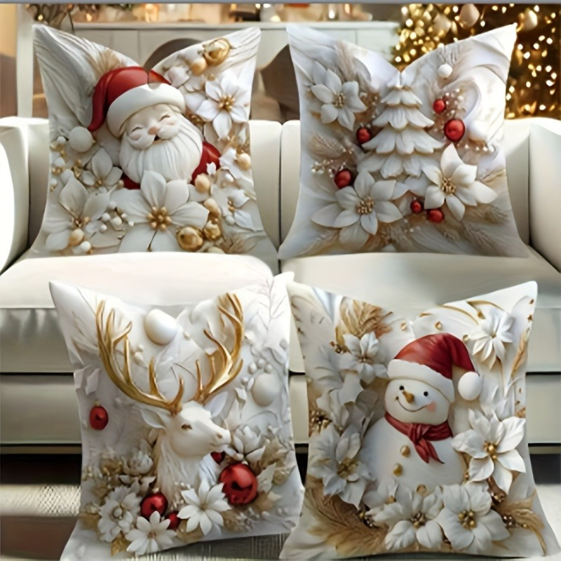 TEMU 4pcs-christmas Pillowcase Set, Modern Polyester Decorative Pillowcase, With Zipper, 17.72 Inches - Printed With Holiday Snowman, Reindeer, Santa